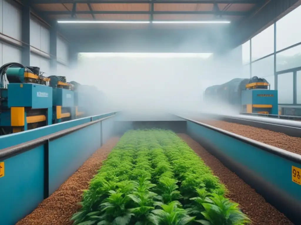 Planta de reciclaje ecoeficiente transformando telas biodegradables Instalación moderna reciclando telas biodegradables, rodeada de vegetación