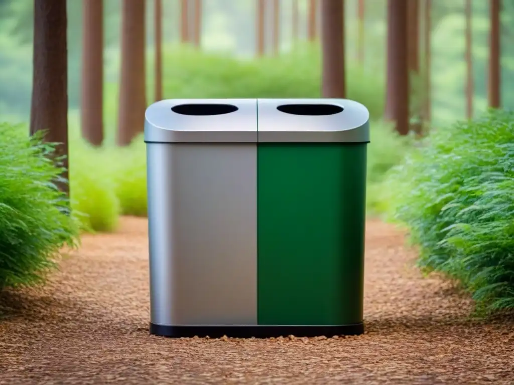 Un moderno contenedor de reciclaje en un bosque verde