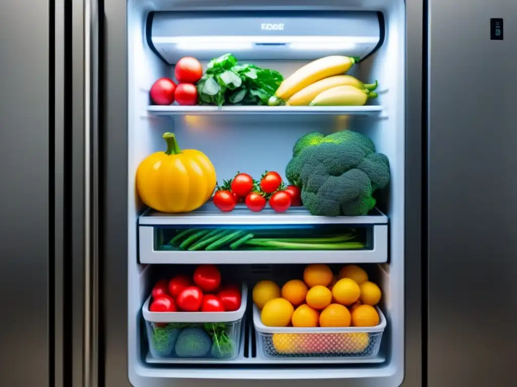 Un moderno refrigerador eficiente y sostenible, con frutas y verduras frescas organizadas en su interior