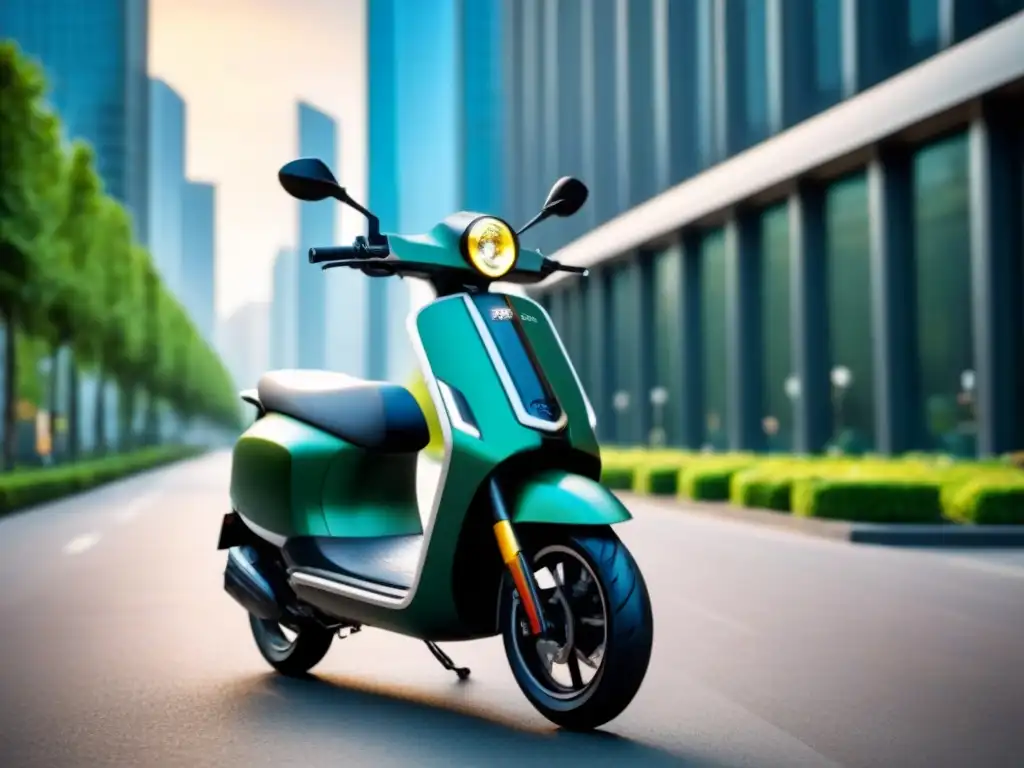 Un moderno scooter eléctrico sostenible destaca en la ciudad entre rascacielos y jardines urbanos, uno de los mejores scooters eléctricos sostenibles