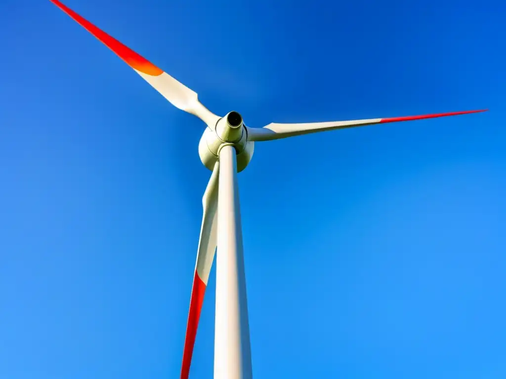 Un molino de viento futurista destaca en el cielo azul, girando sus aspas con gracia