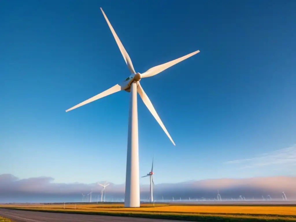 Un molino de viento futurista gira sus aspas elegantes bajo un cielo azul claro, simbolizando las innovaciones en energías renovables futuro