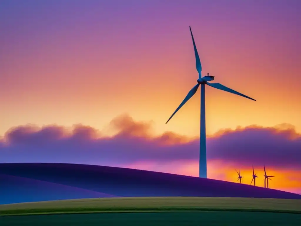 Un molino de viento moderno destaca en un atardecer vibrante, simbolizando inversiones energías renovables huella carbono