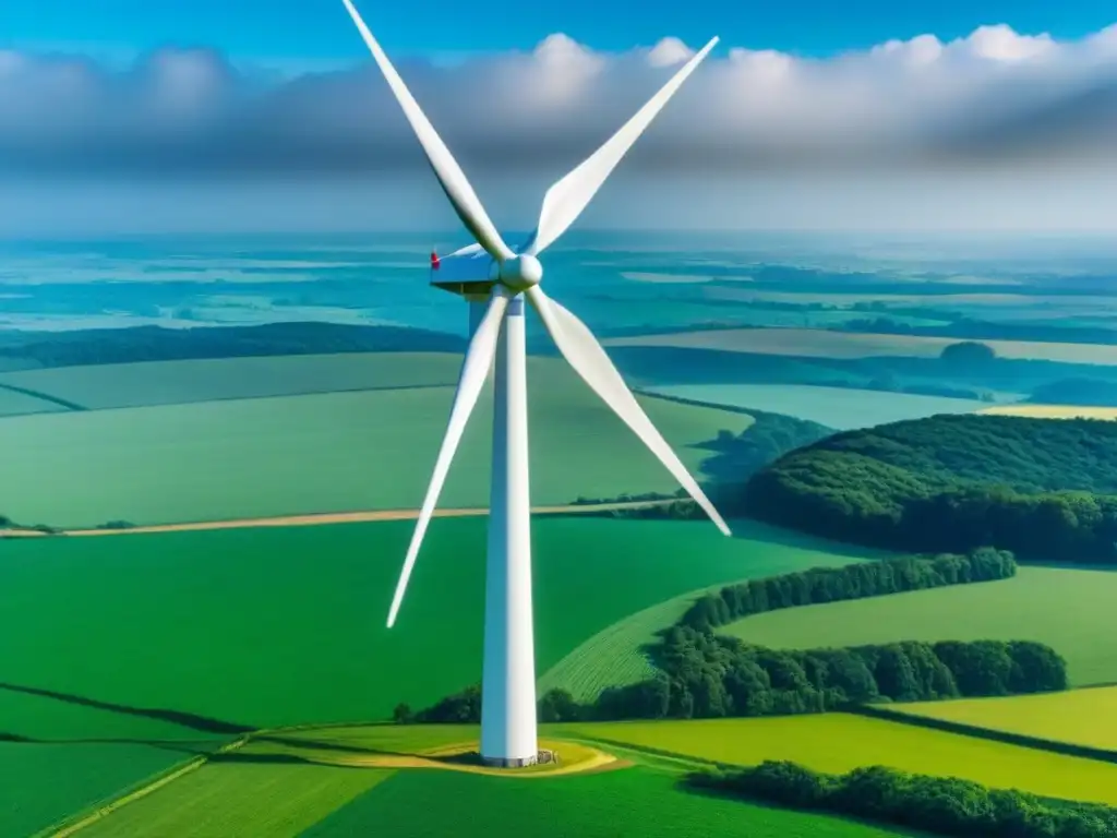 Un molino de viento moderno destaca en un campo verde bajo un cielo azul claro