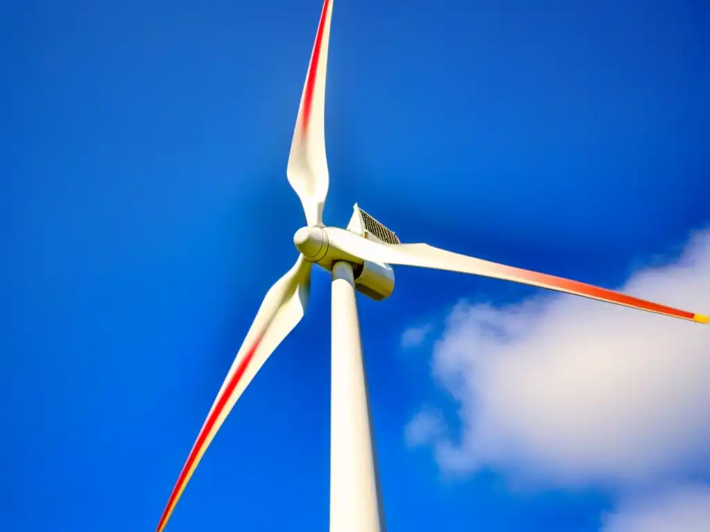 Un molino de viento moderno destaca en el cielo azul, resaltando la importancia de la educación en energía eólica sostenible