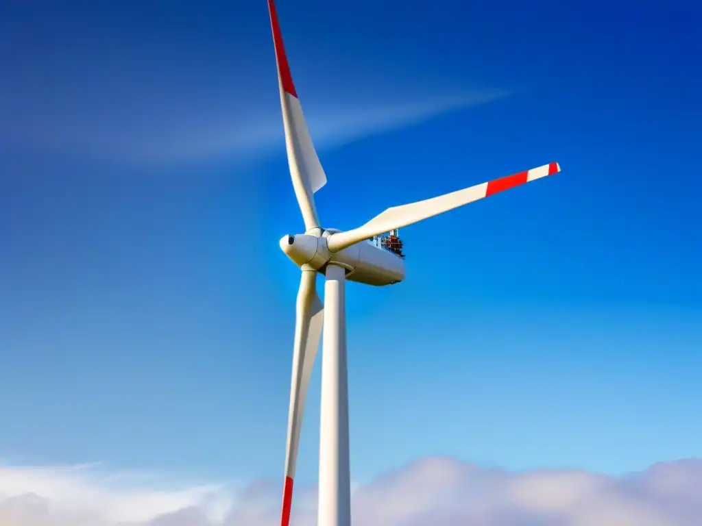 Un molino de viento moderno destaca en el cielo azul, simbolizando la producción de energía sostenible en la Unión Europea