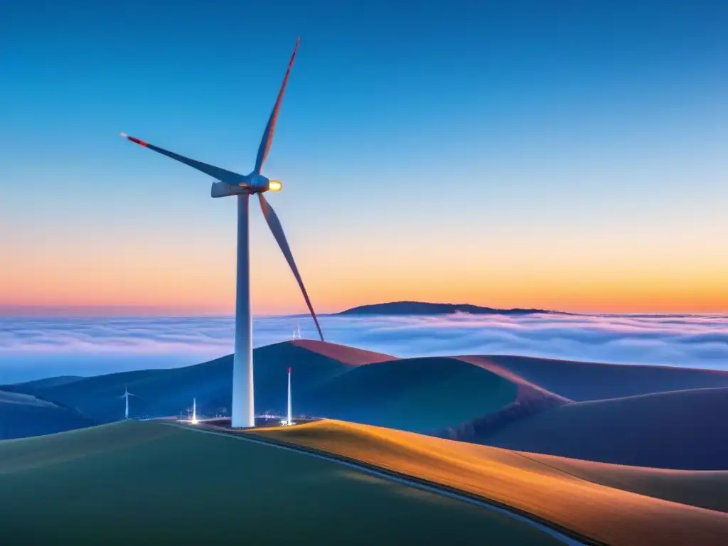 Un molino de viento moderno destaca contra el cielo azul con el sol poniéndose, girando lentamente