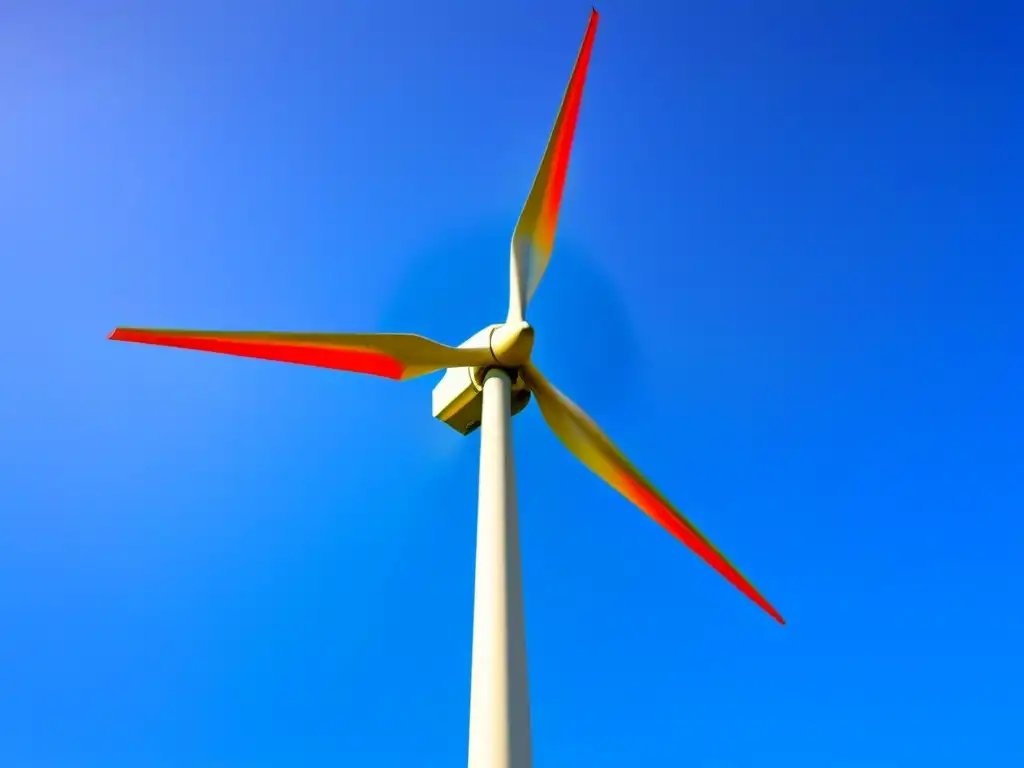 Un molino de viento moderno destaca en el cielo azul, reflejando la armonía entre energía renovable y naturaleza