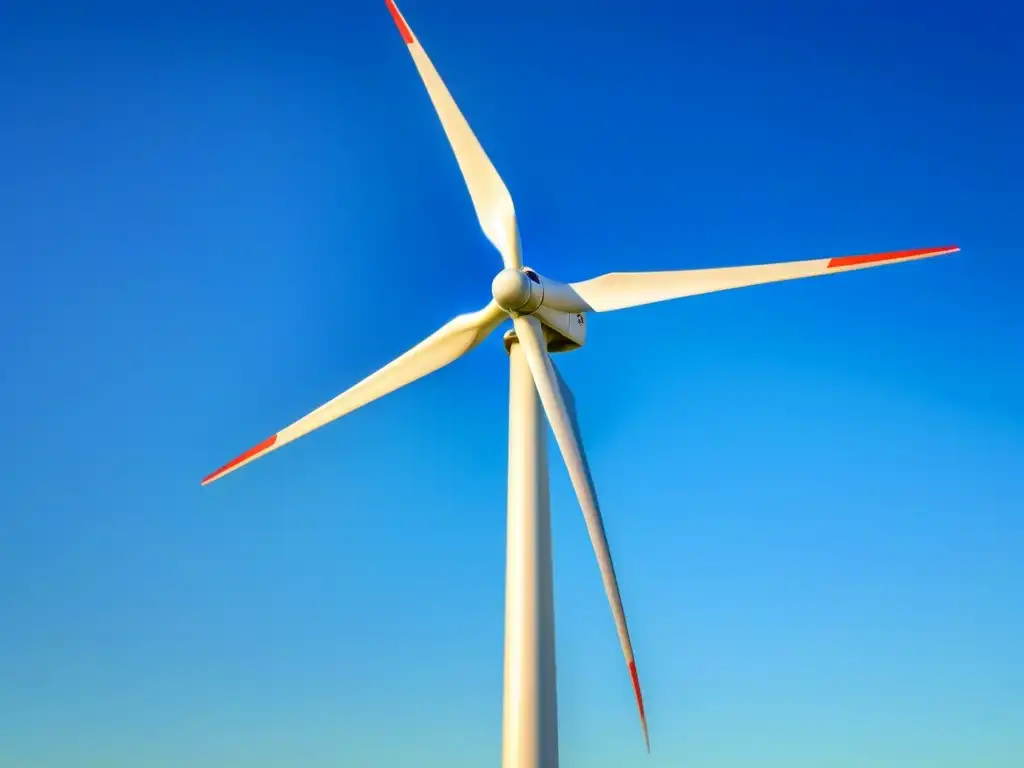 Un molino de viento moderno destaca en el cielo azul, reflejando la eficiencia de las energías renovables vs inversiones tradicionales