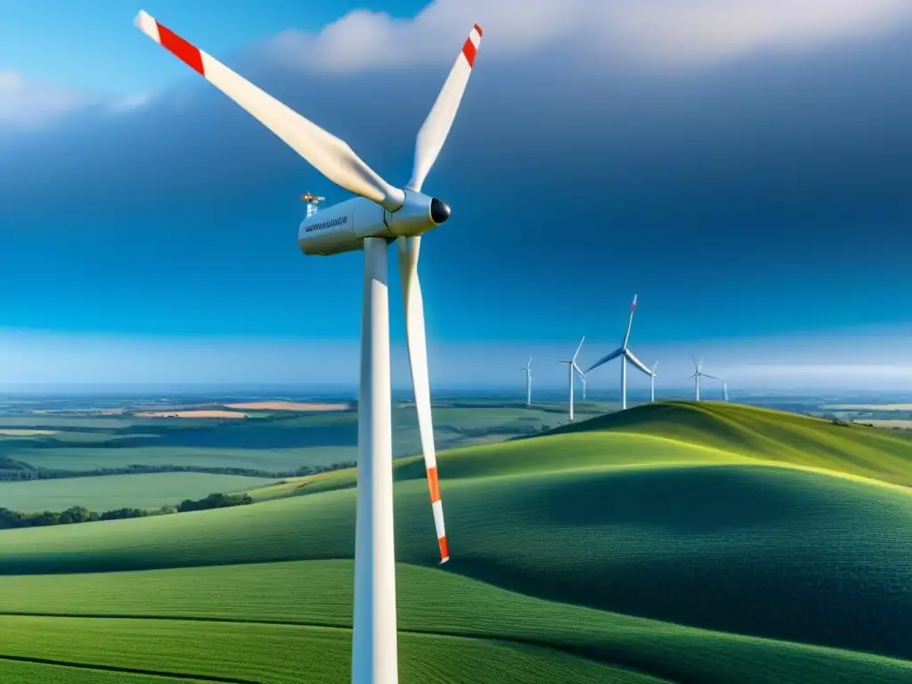 Un molino de viento moderno desafiando los cielos azules, rodeado de campos verdes