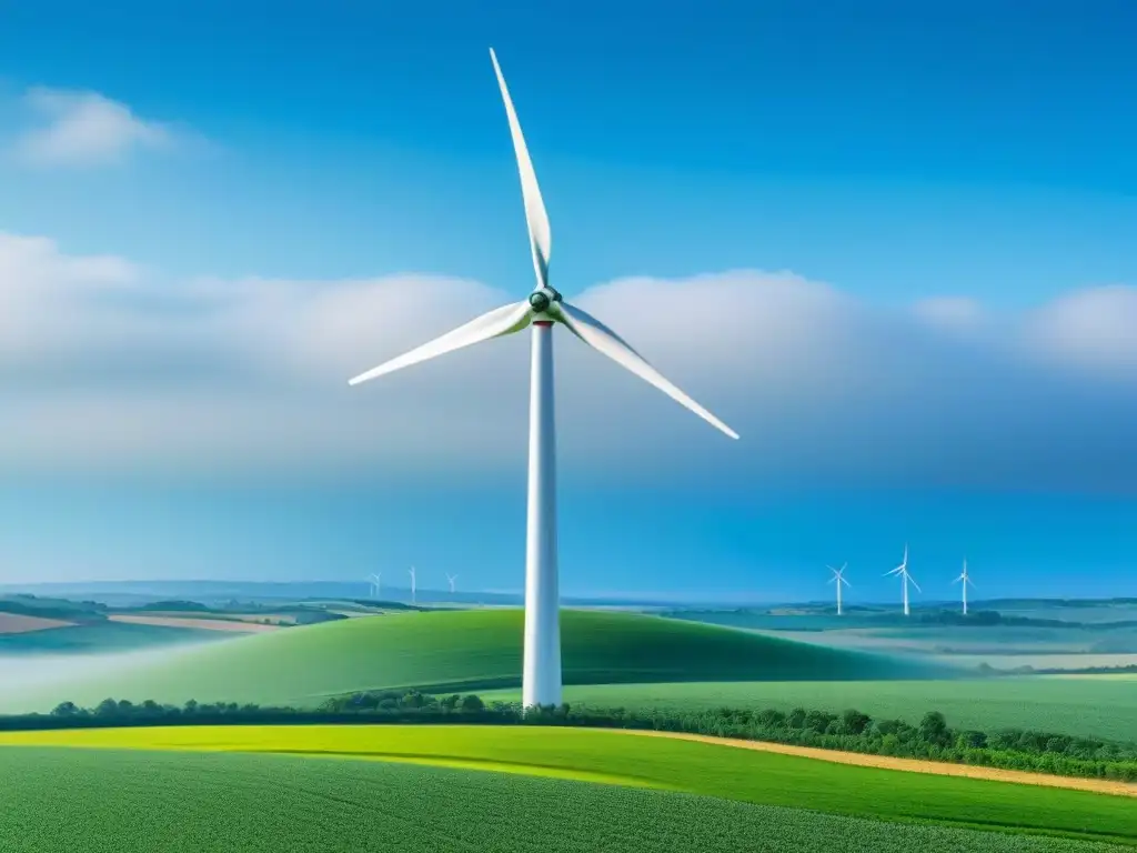 Un molino de viento moderno destaca en un paisaje verde, simbolizando la armonía entre tecnología y naturaleza