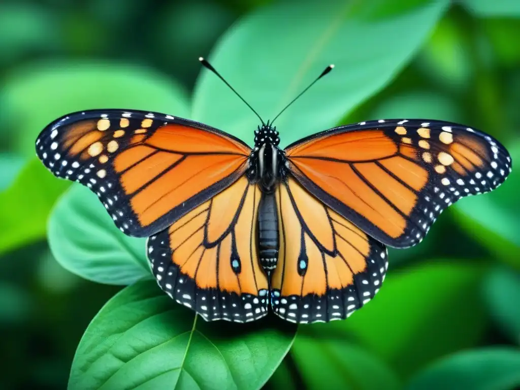 Mariposa Monarca en hoja verde, alas desplegadas, bosque diverso de fondo