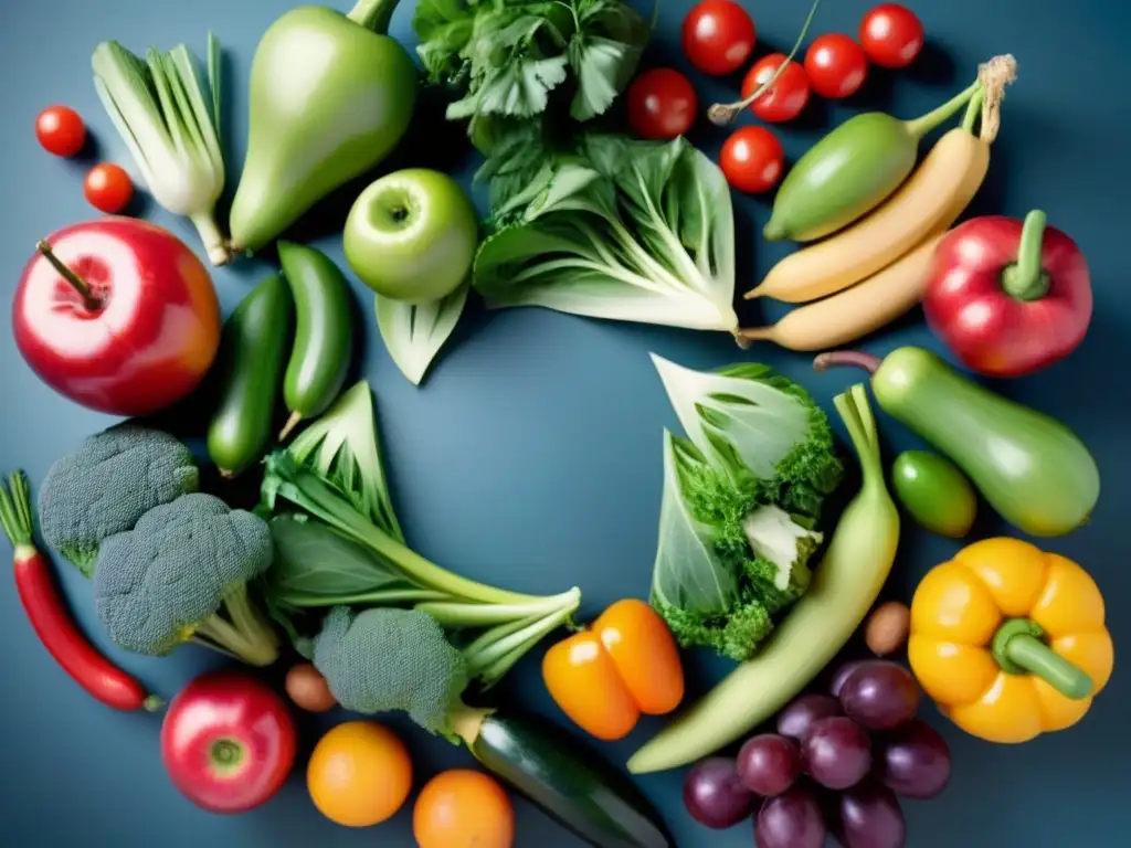 Un mosaico de frutas y verduras formando el símbolo de reciclaje, transmitiendo la idea 'reto 30 días sin plástico'