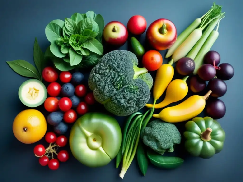 Un mosaico vibrante de frutas y verduras frescas, un reflejo de las Tendencias sostenibles alimentación futuro