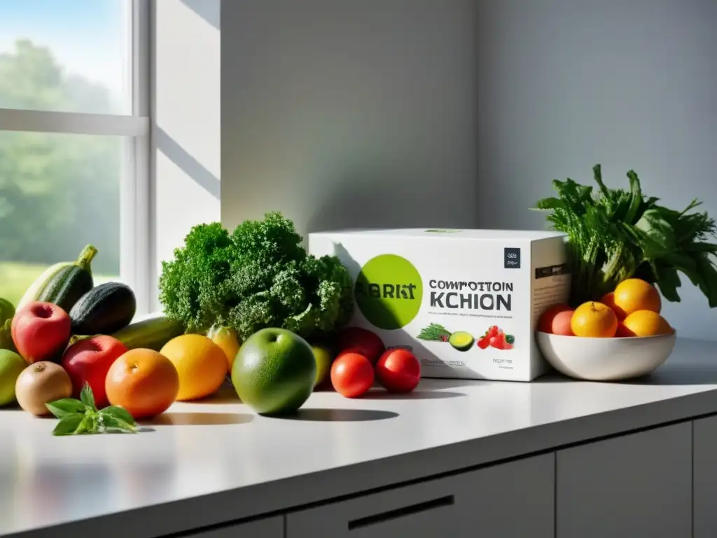 Un mostrador de cocina blanco impecable con frutas y verduras frescas y coloridas en envases ecológicos