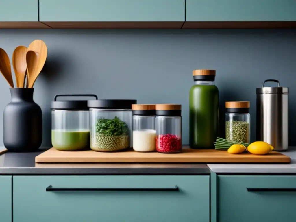 Un mostrador de cocina moderno y ecológico con utensilios zero waste como envases de vidrio y utensilios de bambú