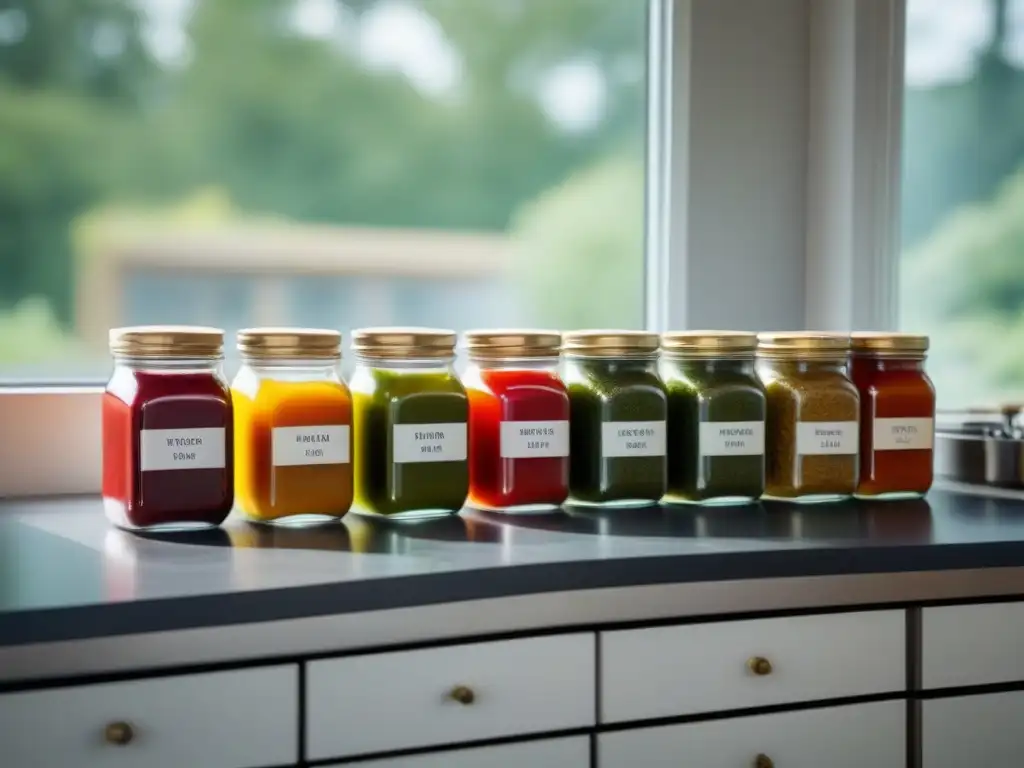 Un mostrador de cocina moderno lleno de condimentos y salsas zero waste etiquetados con colores vibrantes y texturas variadas