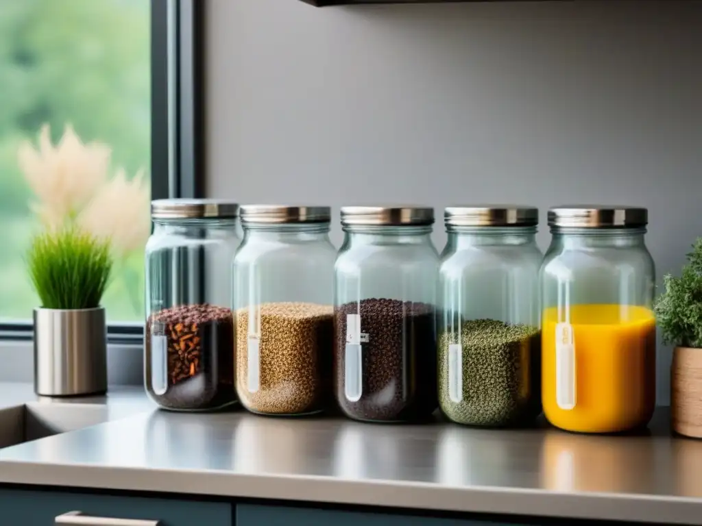 Un mostrador de cocina Zero Waste con organización impecable y estética atractiva