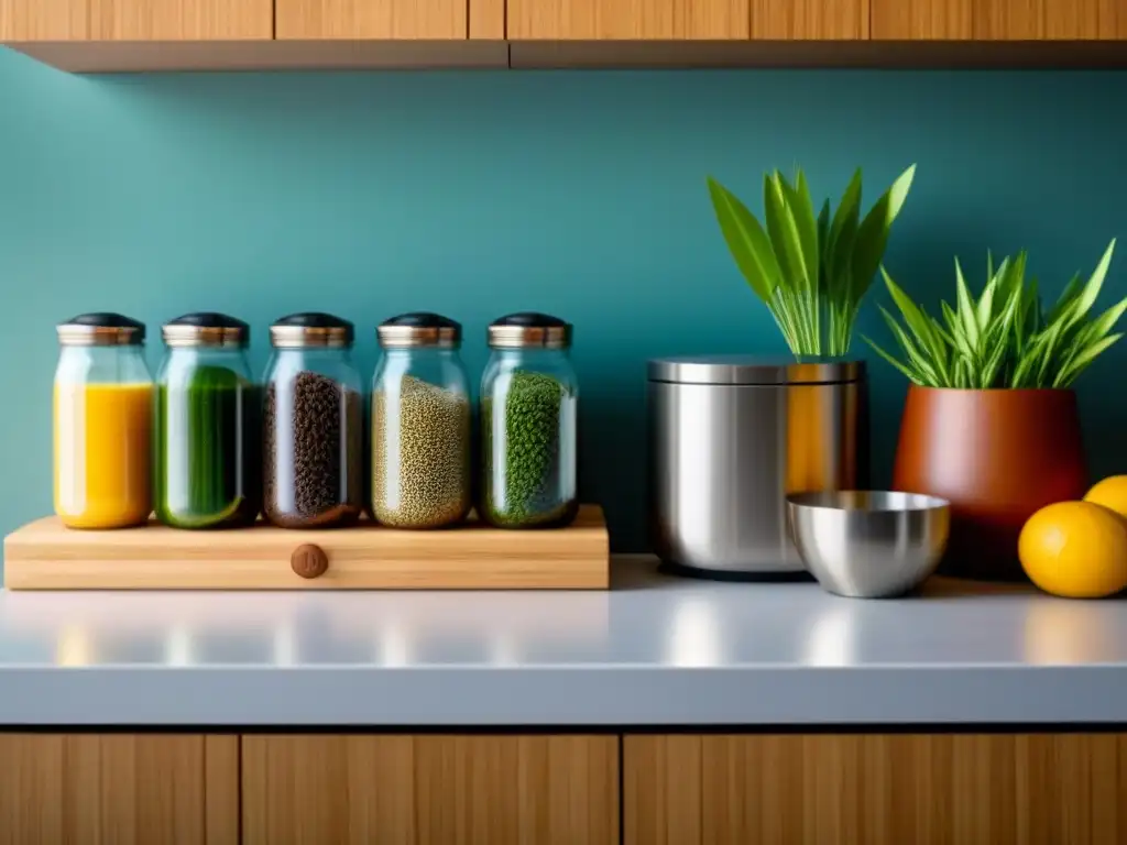 Un mostrador de cocina sereno y minimalista con productos ecológicos, creando una atmósfera consciente del cambio climático