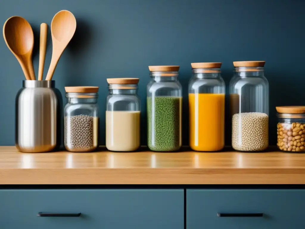 Un mostrario detallado de utensilios zero waste en una cocina moderna