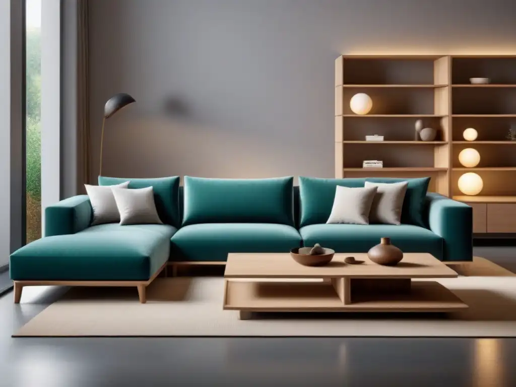 Muebles modulares ecológicos sostenibles en una sala minimalista moderna, elegante y luminosa