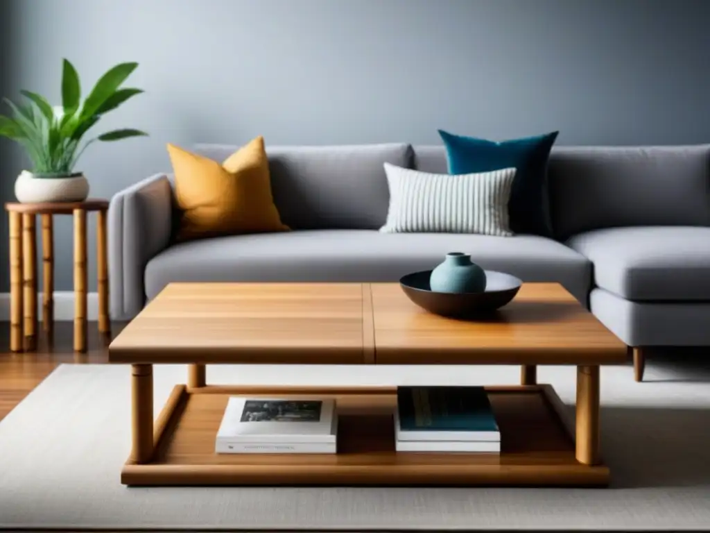 Muebles sostenibles estilo vida: Sala minimalista con mesa de café de madera elegante y decoración ecofriendly