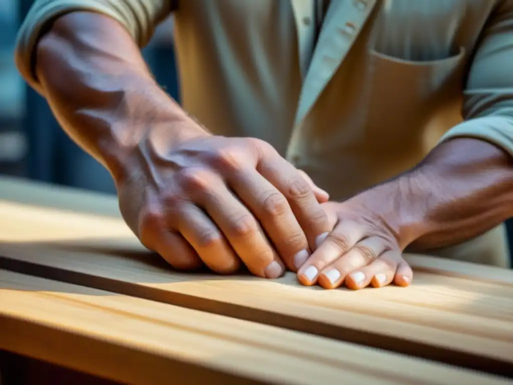 'Muebles sostenibles para un hogar eco-friendly: Un carpintero lija con delicadeza una mesa de madera, resaltando texturas y granos naturales