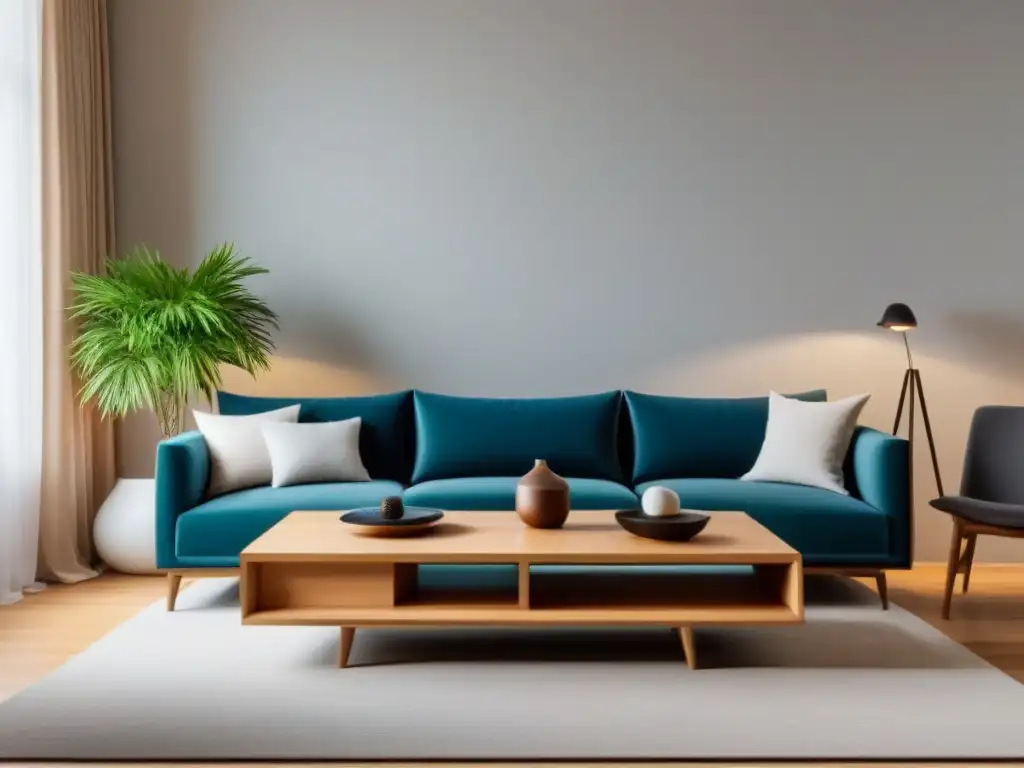 Muebles sostenibles vs tradicionales: Sala minimalista con mesa de madera ecológica y plantas, iluminada por luz natural