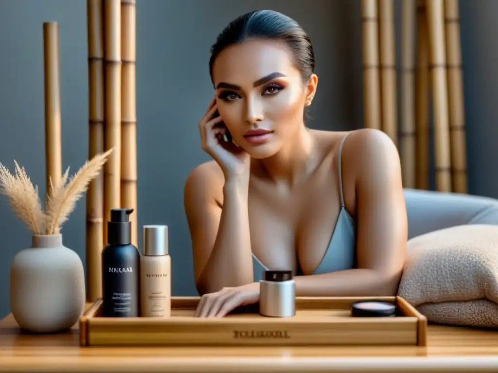 Una mujer consciente de su belleza usa maquillaje sostenible en un ambiente minimalista y elegante