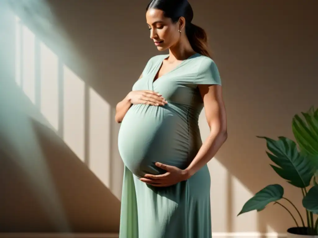 Una mujer embarazada en un ambiente sereno, sosteniendo un vestido de maternidad sostenible