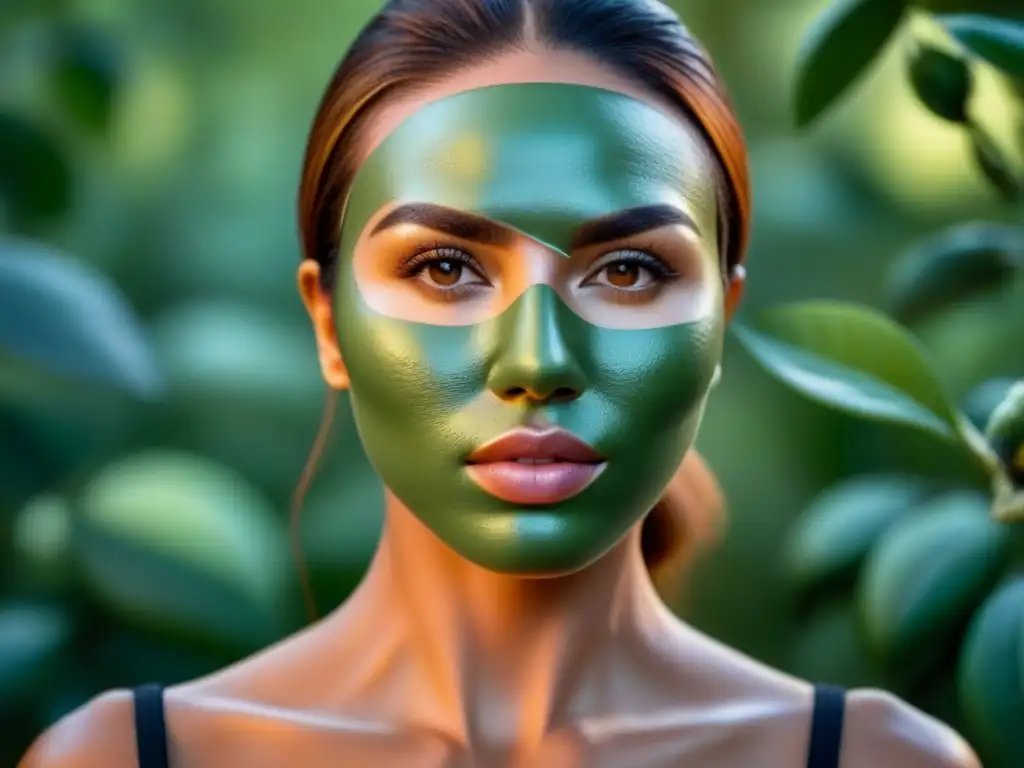 Mujer con mascarilla facial ecológica sostenible de aguacate y miel, resplandeciendo armonía natural