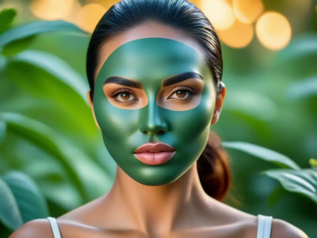 Una mujer aplica una mascarilla facial ecológica sostenible en un entorno natural y tranquilo, mostrando armonía entre cuidado de la piel y naturaleza