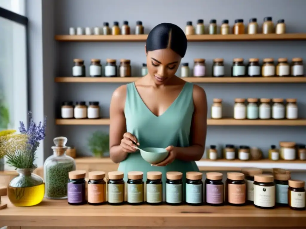 Mujer creando productos de belleza natural en taller luminoso con ingredientes naturales