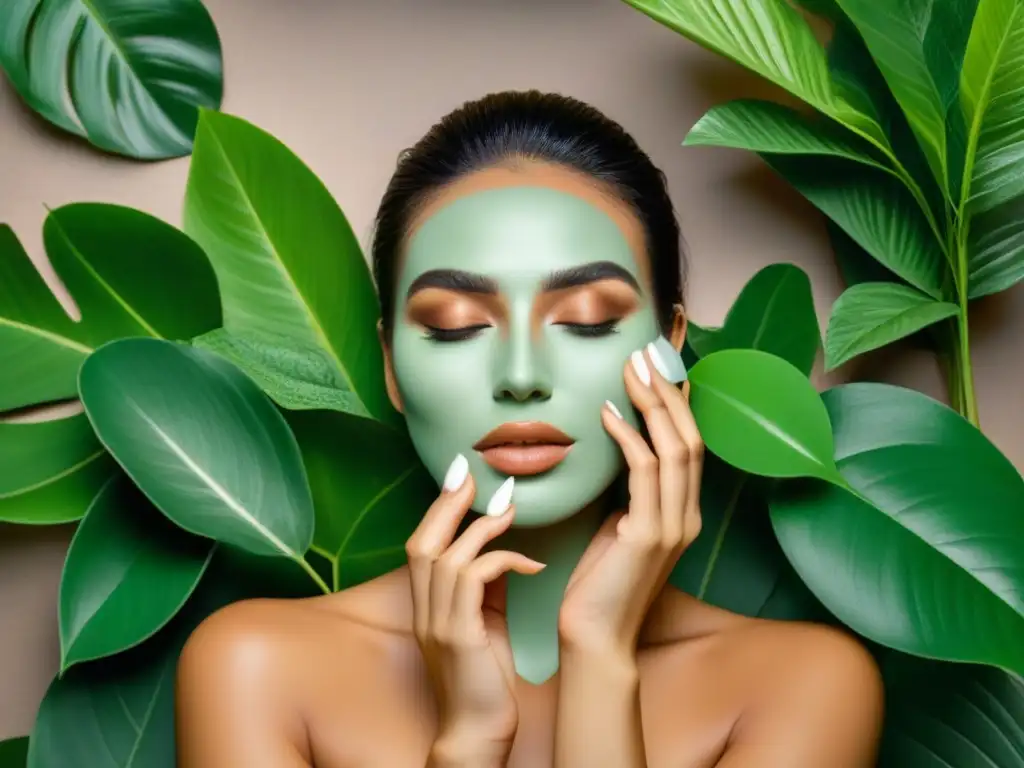 Una mujer aplica productos de belleza sostenible en su rostro, rodeada de plantas verdes y artículos ecofriendly