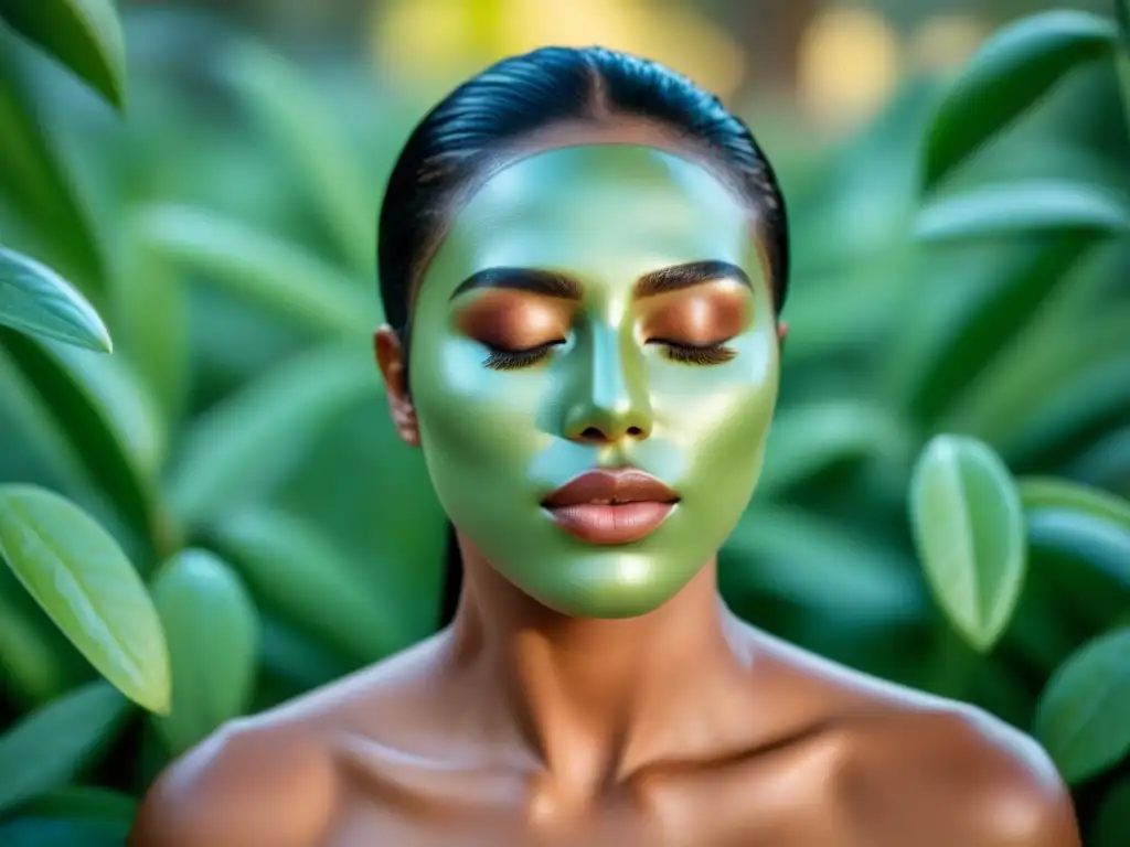 Una mujer serena con mascarilla facial ecofriendly de aguacate, miel y sábila