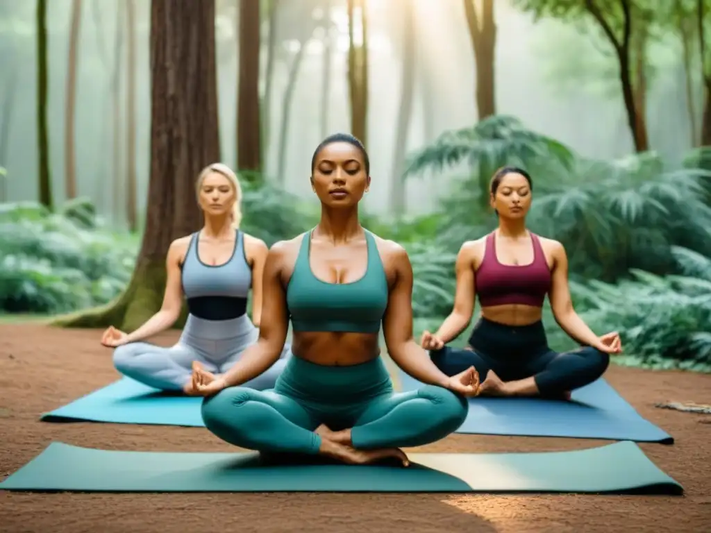 Mujeres practicando yoga en el bosque, conectadas con la naturaleza en un retiro de bienestar sostenible