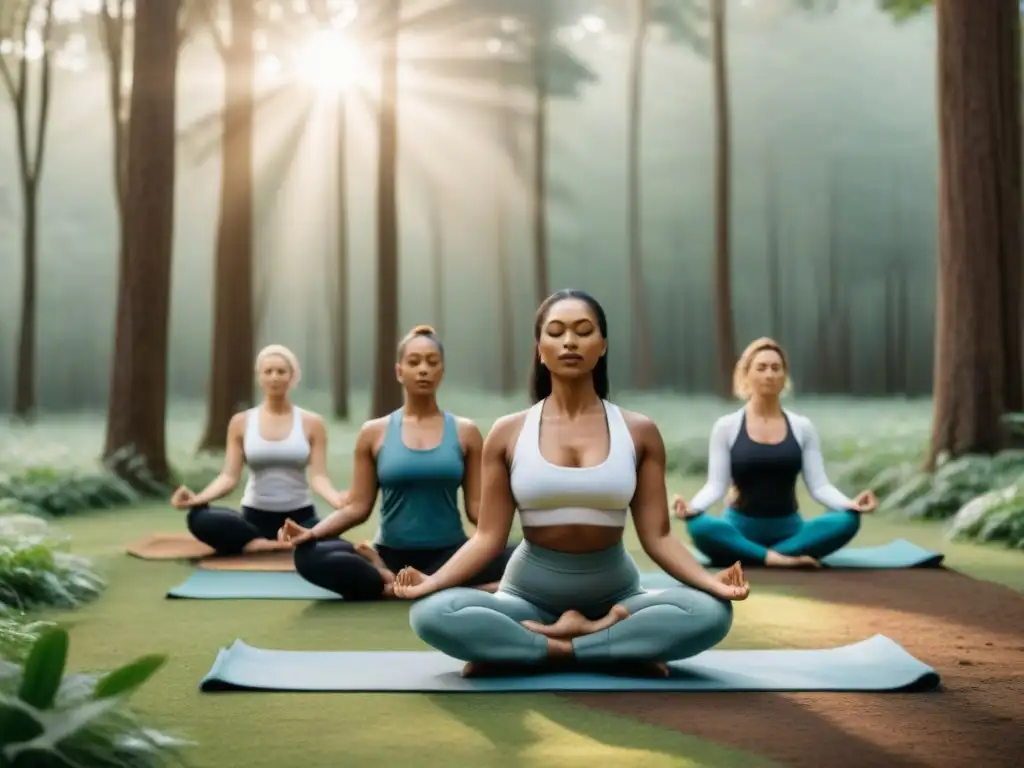 Mujeres practicando yoga en un claro del bosque, unidas en armonía con la naturaleza