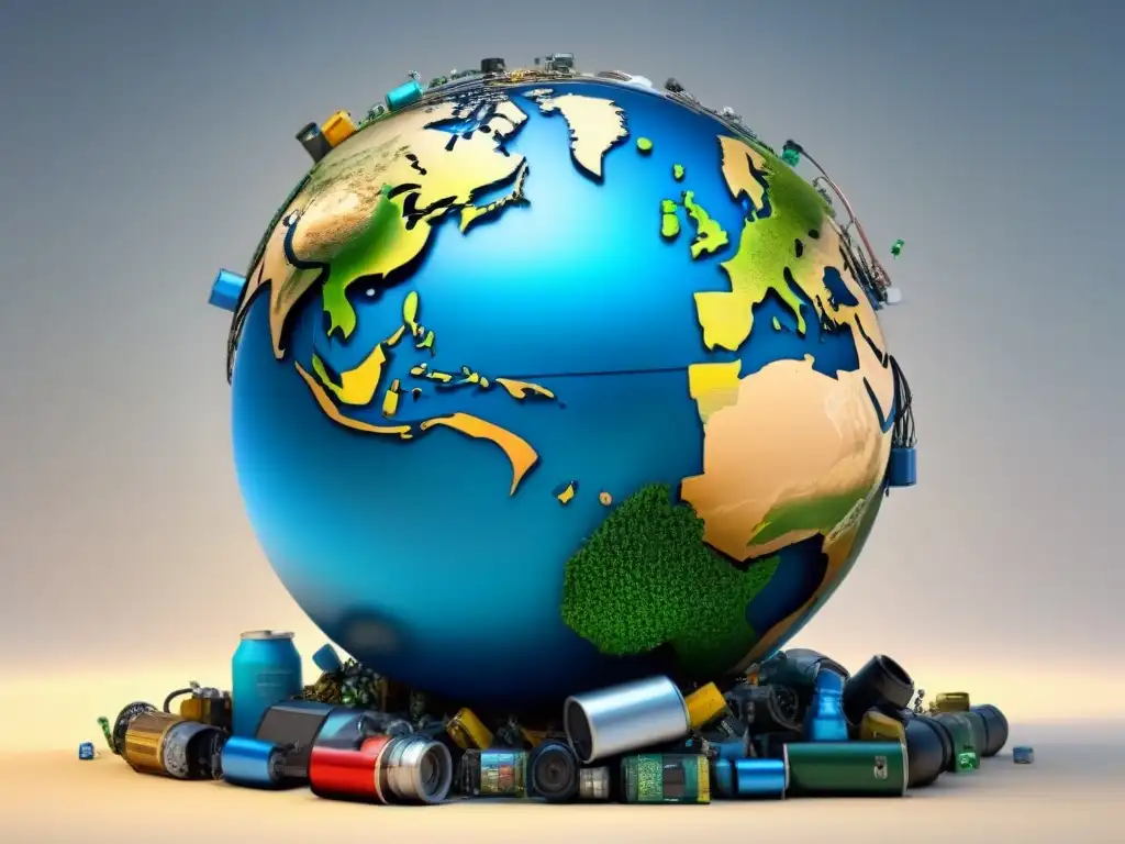 Un mundo rodeado de desechos electrónicos, botellas plásticas y papel, simbolizando el impacto global de las políticas de importación de residuos de China en el reciclaje