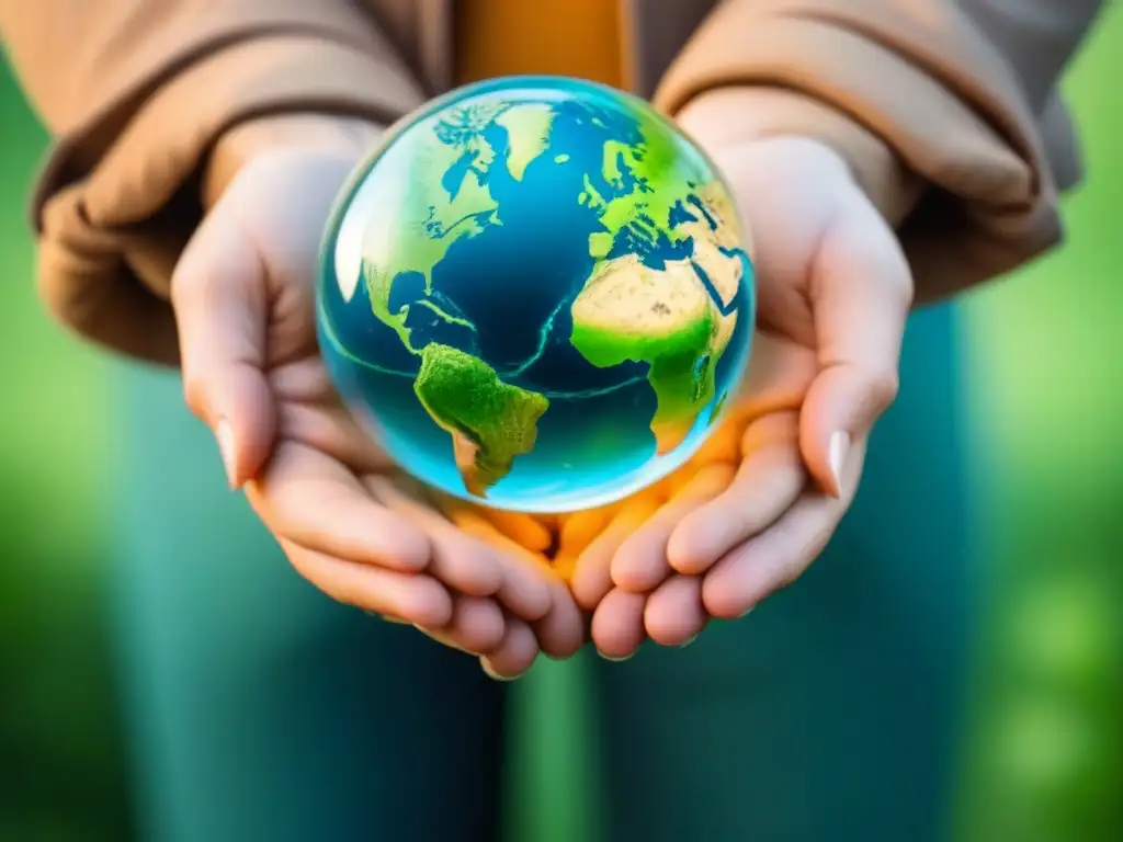 Un mundo sostenible: globo terráqueo de cristal con flechas verdes y azules conectadas, personas sosteniendo manos alrededor