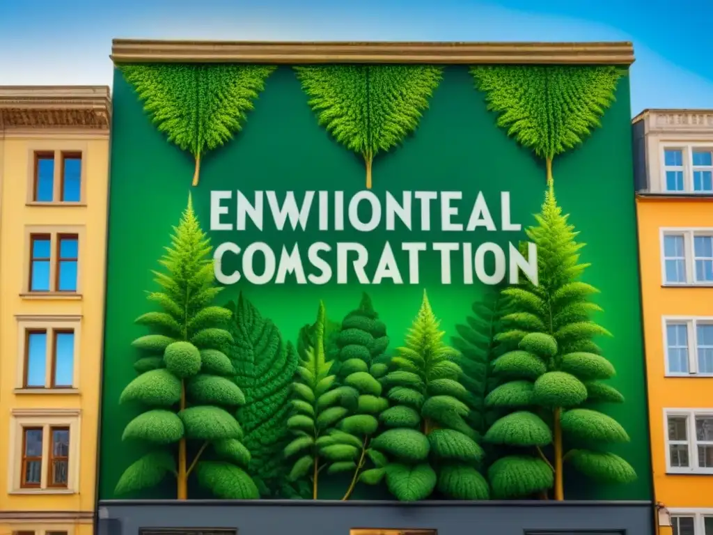 Un mural callejero con conciencia ecológica, retratando un bosque exuberante y detallado