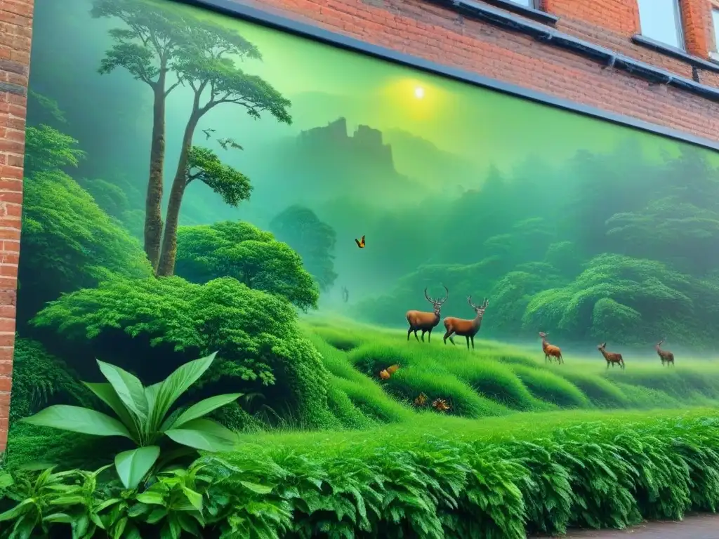 Un mural detallado de una exuberante selva con vida silvestre, pintado en una pared de ladrillo en la ciudad