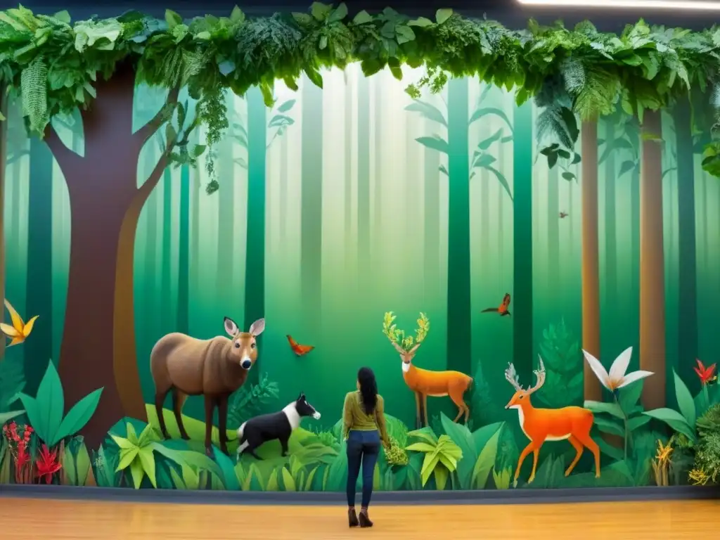 Un mural ecoartístico en escuelas sostenibles: niños, animales y plantas conviven armoniosamente en un bosque exuberante de materiales reciclados