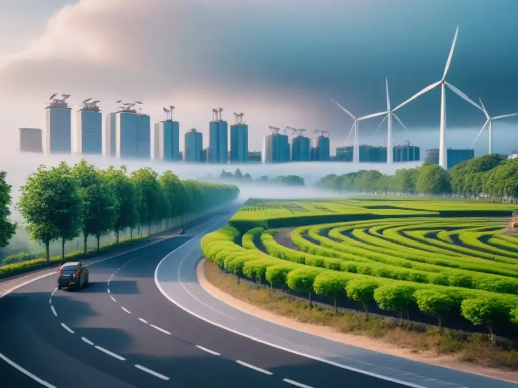 Armonía urbana-natural: mural verde y sostenible Un mural urbano que fusiona naturaleza y arquitectura, representando conciencia ecológica y sostenibilidad