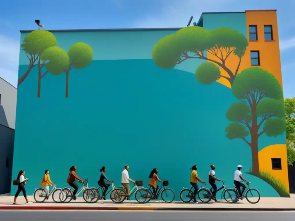 Un mural urbano temático ambiental con diversidad cultural, plantando árboles y limpiando, en colores vibrantes y líneas modernas