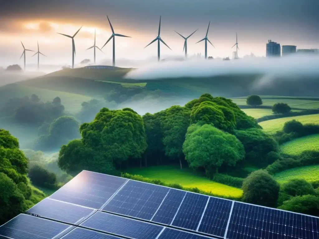 Arte urbano eco-sostenible: ciudad verde con paneles solares Un mural urbano vibrante con paisaje urbano y vegetación, paneles solares y turbinas eólicas, simbolizando conciencia ecológica y sostenibilidad