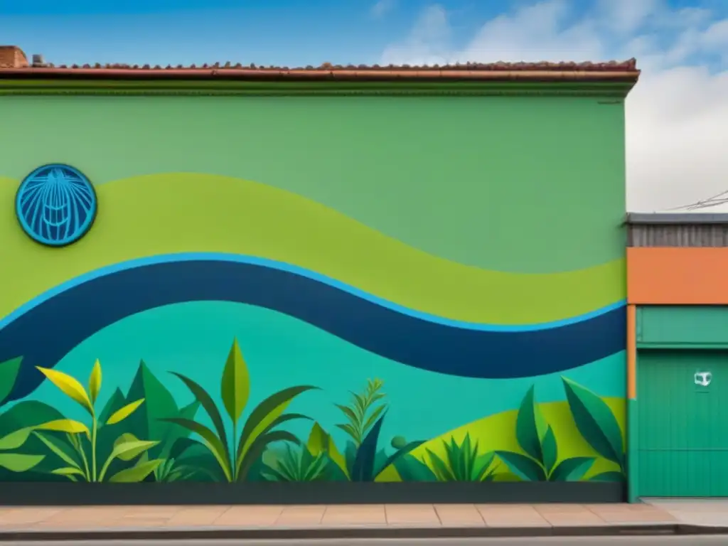 Un mural urbano vibrante y sostenible, representa un ecosistema diverso y en peligro con activismo ambiental