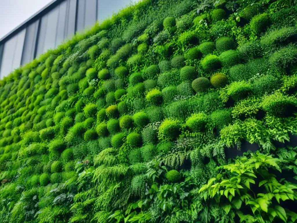 Un mural verde vibrante en la ciudad, fusionando naturaleza y arquitectura