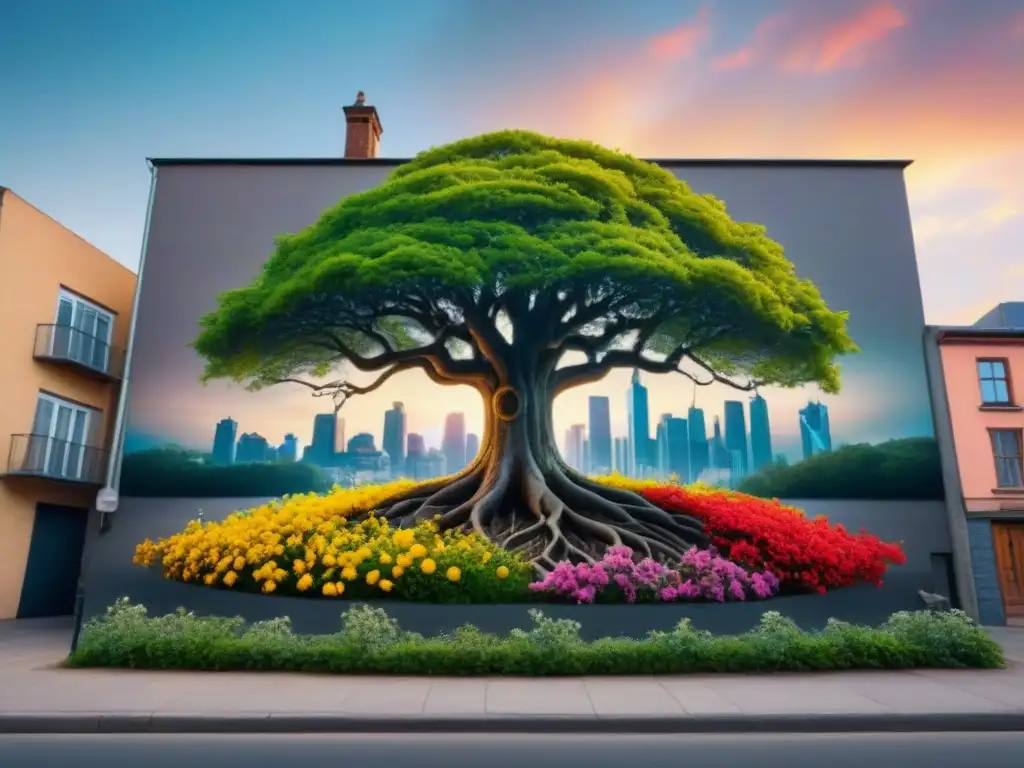 Un mural vibrante que fusiona naturaleza y ciudad con árbol, flores y animales, reflejando la conexión entre arte callejero y conciencia ambiental