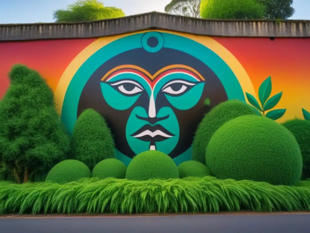 Mural vibrante con símbolos indígenas y naturaleza, reflejando arte ambiental preservando tradiciones indígenas