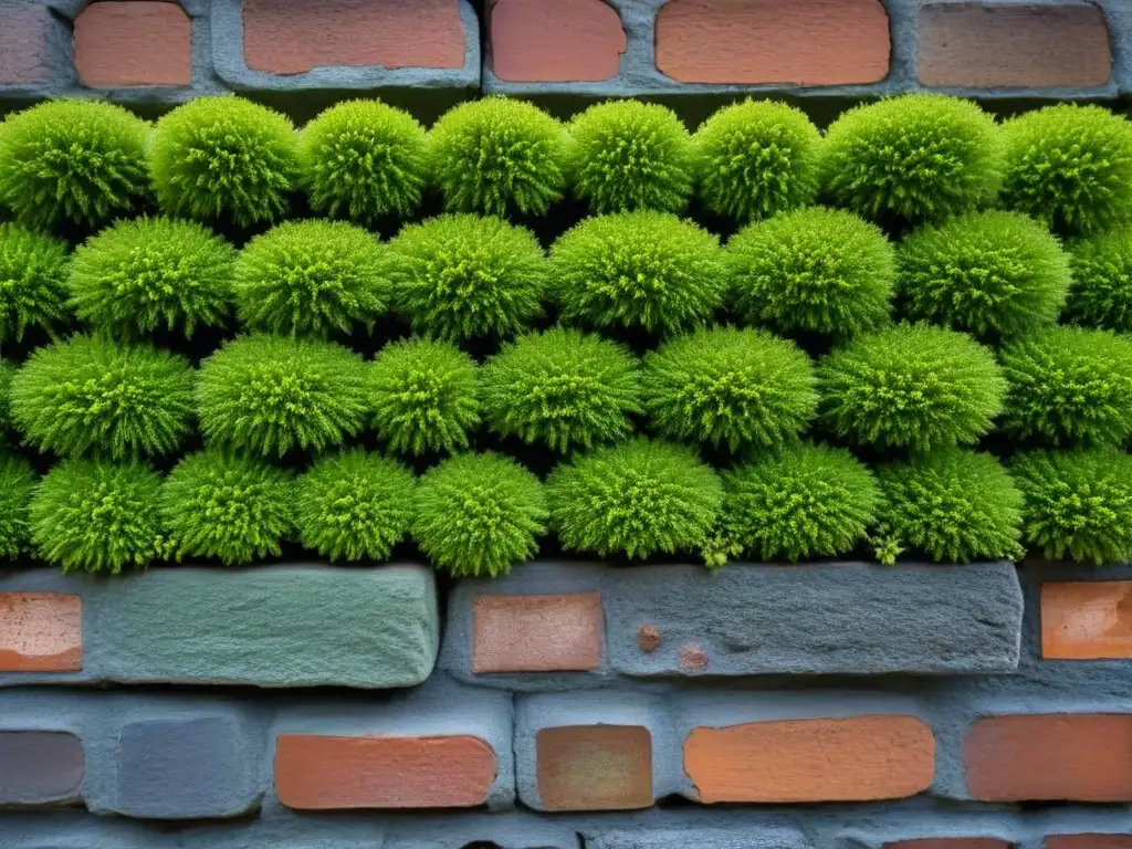 Un muro de ladrillos cubierto de musgo verde en la ciudad, con insectos y microorganismos, muestra la biodiversidad urbana para futuro sostenible